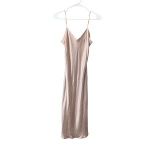 WinterSilks 100% Pure Silk Slip Dress Champagne Beige Midi V-Neck Medium Luxury